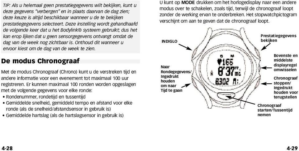 Deze instelling wordt gehandhaafd de volgende keer dat u het Bodylink systeem gebruikt; dus het kan erop lijken dat u geen sensorgegevens ontvangt omdat de dag van de week nog zichtbaar is.