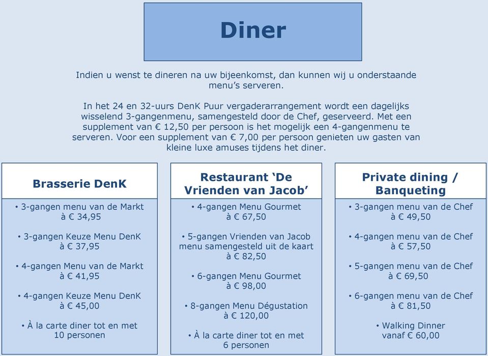 Met een supplement van 12,50 per persoon is het mogelijk een 4-gangenmenu te serveren. Voor een supplement van 7,00 per persoon genieten uw gasten van kleine luxe amuses tijdens het diner.