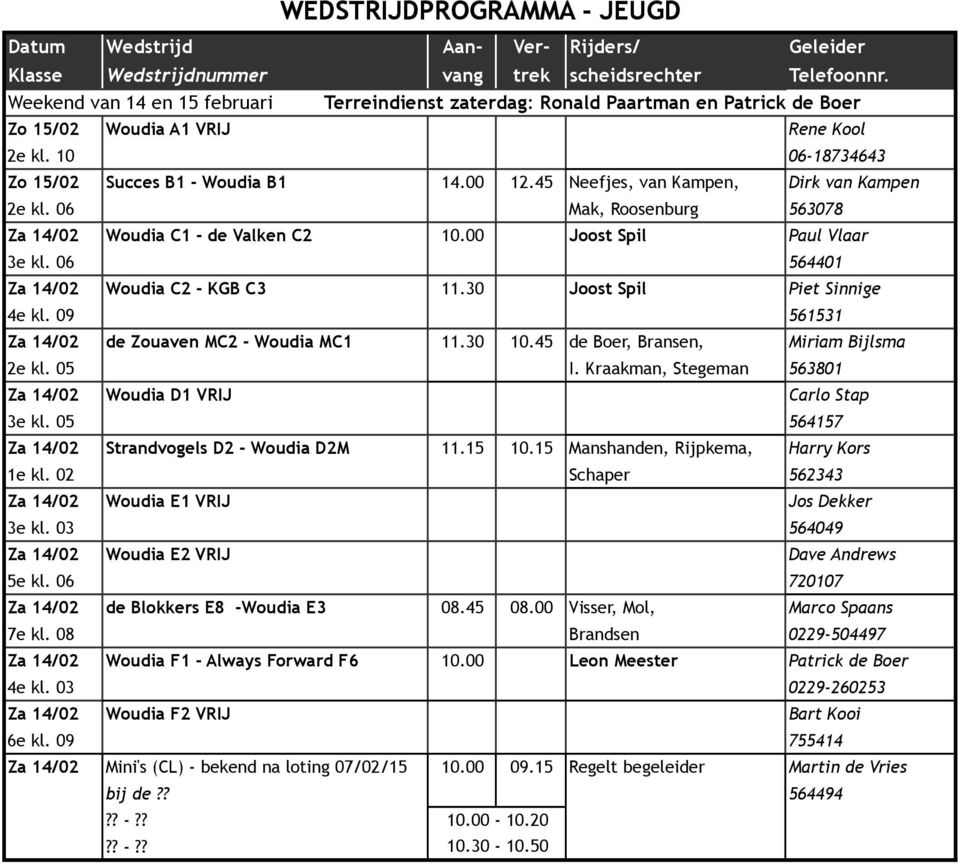 45 Neefjes, van Kampen, Dirk van Kampen 2e kl. 06 Mak, Roosenburg 563078 Za 14/02 Woudia C1 - de Valken C2 10.00 Joost Spil Paul Vlaar 3e kl. 06 564401 Za 14/02 Woudia C2 - KGB C3 11.