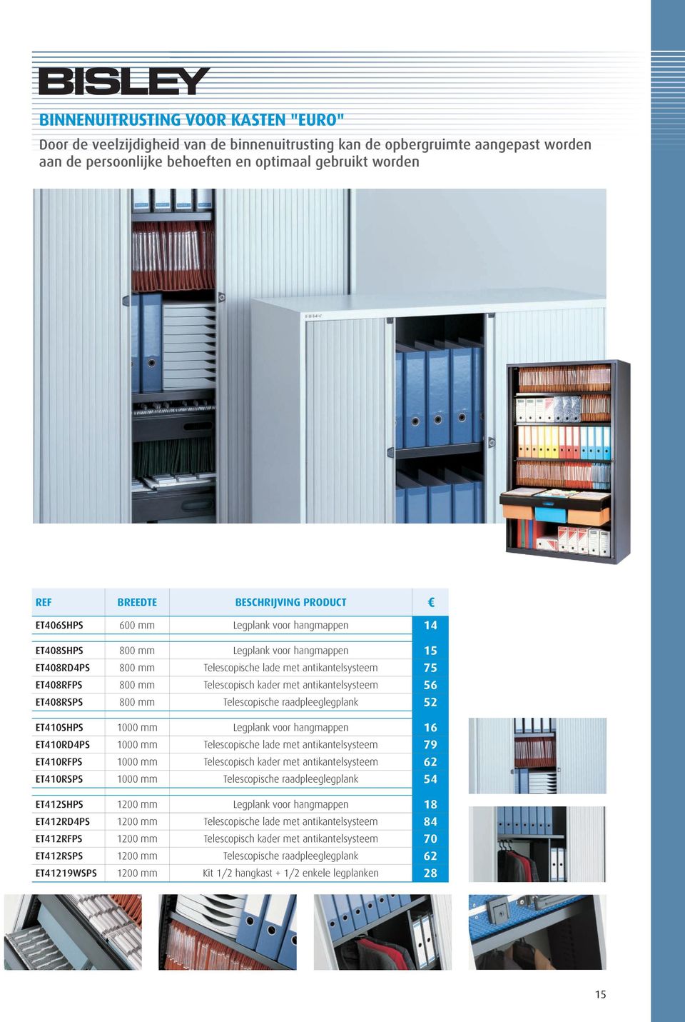 Telescopisch kader met antikantelsysteem 56 ET408RSPS 800 mm Telescopische raadpleeglegplank 52 ET410SHPS 1000 mm Legplank voor hangmappen 16 ET410RD4PS 1000 mm Telescopische lade met