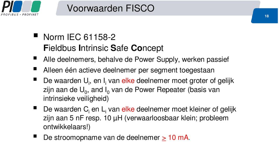 de U 0, and I 0 van de Power Repeater (basis van intrinsieke veiligheid) De waarden C i en L i van elke deelnemer moet kleiner