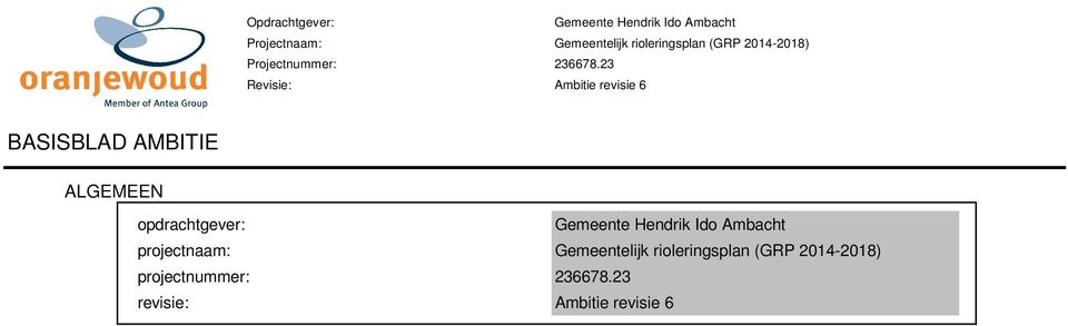 Ambacht projectnaam: Gemeentelijk rioleringsplan (GRP