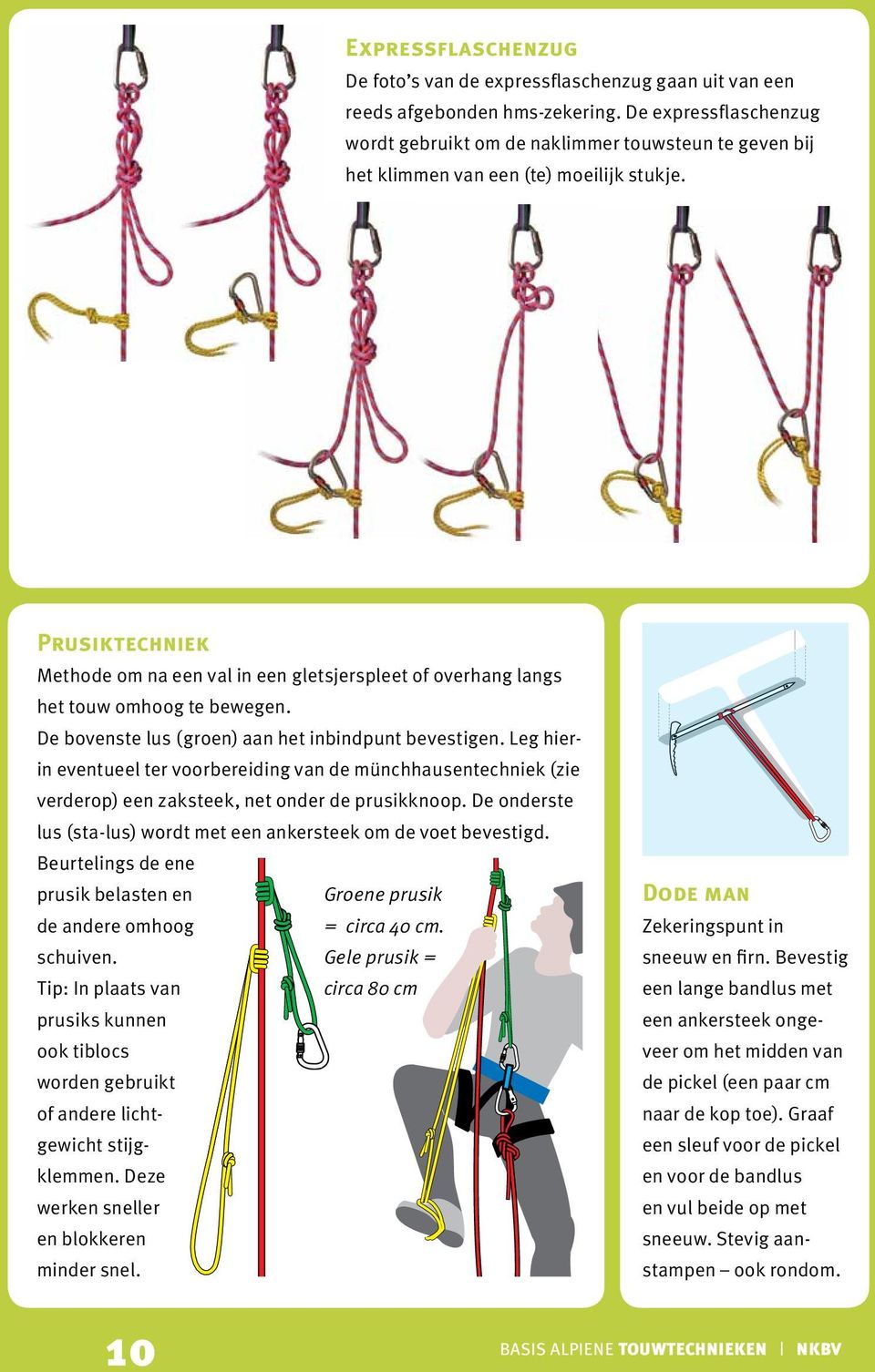 Prusiktechniek Methode om na een val in een gletsjerspleet of overhang langs het touw omhoog te bewegen. De bovenste lus (groen) aan het inbindpunt bevestigen.