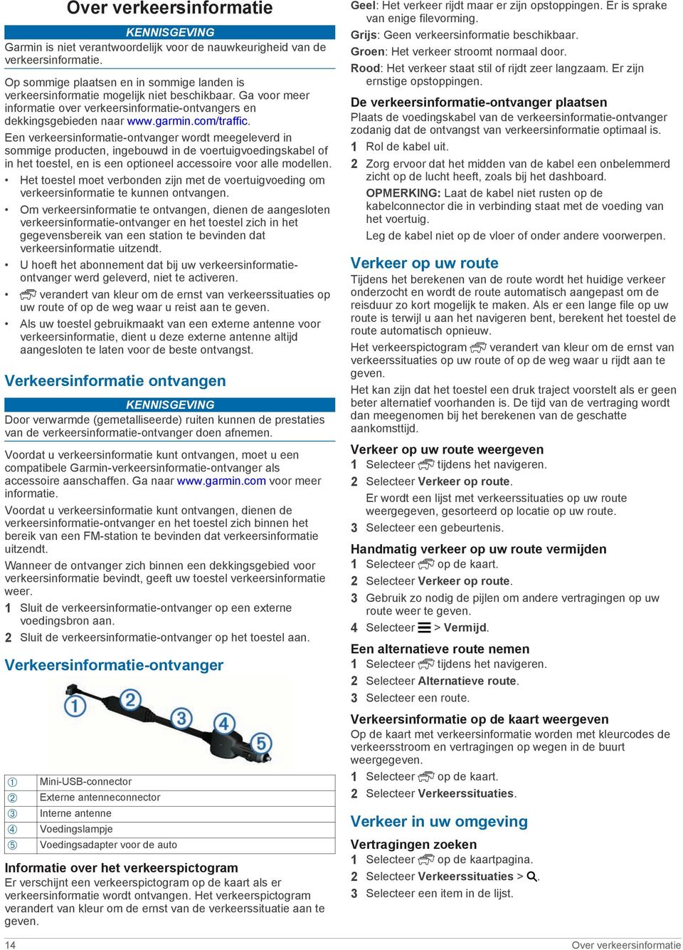 Een verkeersinformatie-ontvanger wordt meegeleverd in sommige producten, ingebouwd in de voertuigvoedingskabel of in het toestel, en is een optioneel accessoire voor alle modellen.