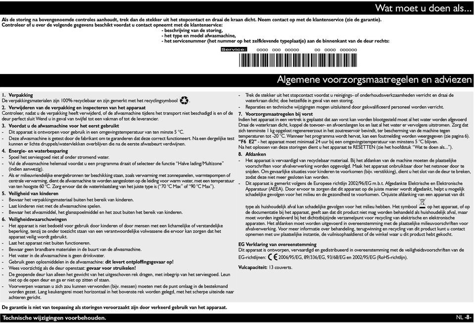 het zelfklevende typeplaatje) aan de binnenkant van de deur rechts: Wat moet u doen als... 1. Verpakking De verpakkingsmaterialen zijn 100% recyclebaar en zijn gemerkt met het recyclingsymbool. 2.