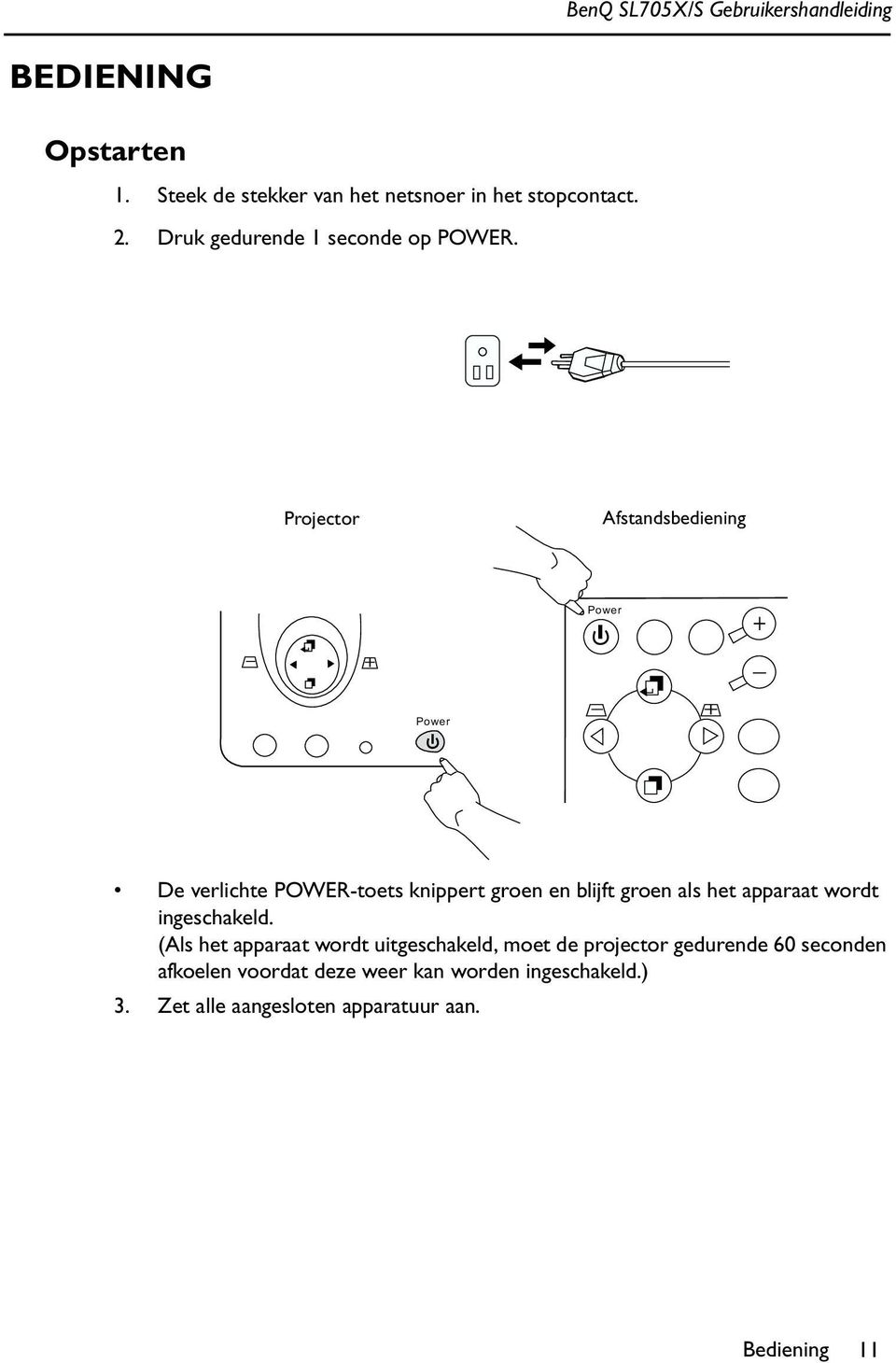 Projector Afstandsbediening Power Power De verlichte POWER-toets knippert groen en blijft groen als het