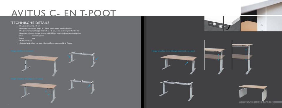 standaard rechts Blad: melamine 20 mm Frame: staal Modulair systeem Optioneel verkrijgbaar met wang (alleen bij T-poot, niet mogelijk bij C-poot) Hoogte