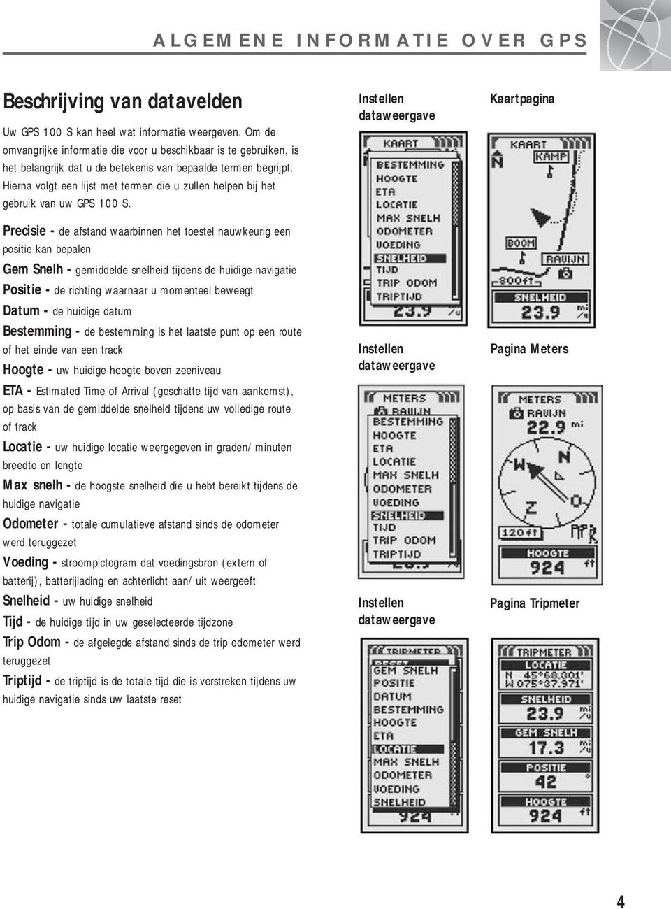 Hierna volgt een lijst met termen die u zullen helpen bij het gebruik van uw GPS 100 S.