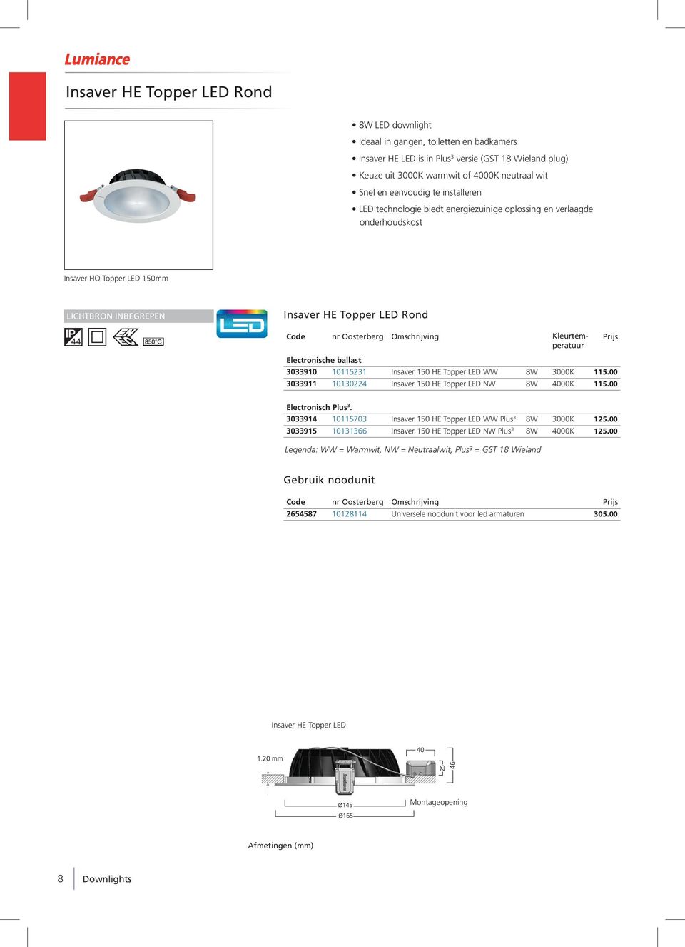 Omschrijving Kleurtemperatuur Prijs Electronische ballast 3033910 10115231 Insaver 150 HE Topper LED WW 8W 3000K 115.00 3033911 10130224 Insaver 150 HE Topper LED NW 8W 4000K 115.