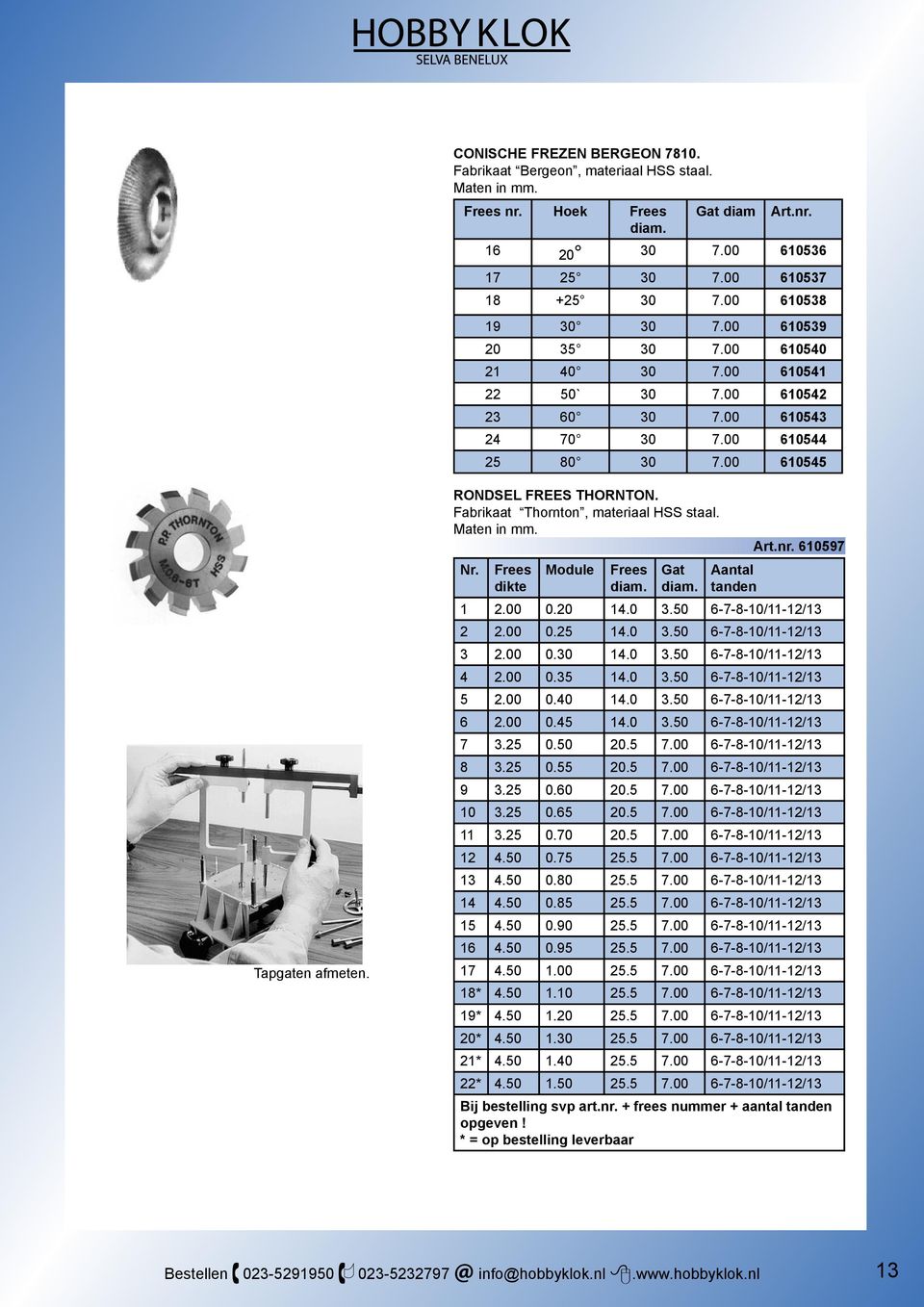 Fabrikaat Thornton, materiaal HSS staal. Maten in mm. Nr. Frees dikte Module Frees diam. Gat diam. Aantal tanden Art.nr. 610597 1 2.00 0.20 14.0 3.50 6-7-8-10/11-12/13 2 2.00 0.25 14.0 3.50 6-7-8-10/11-12/13 3 2.