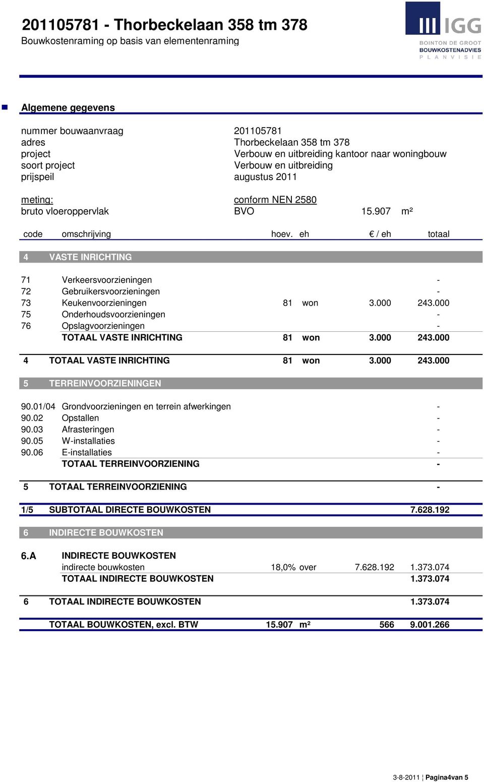 01/04 Grondvoorzieningen en terrein afwerkingen - 90.02 Opstallen - 90.03 Afrasteringen - 90.05 W-installaties - 90.