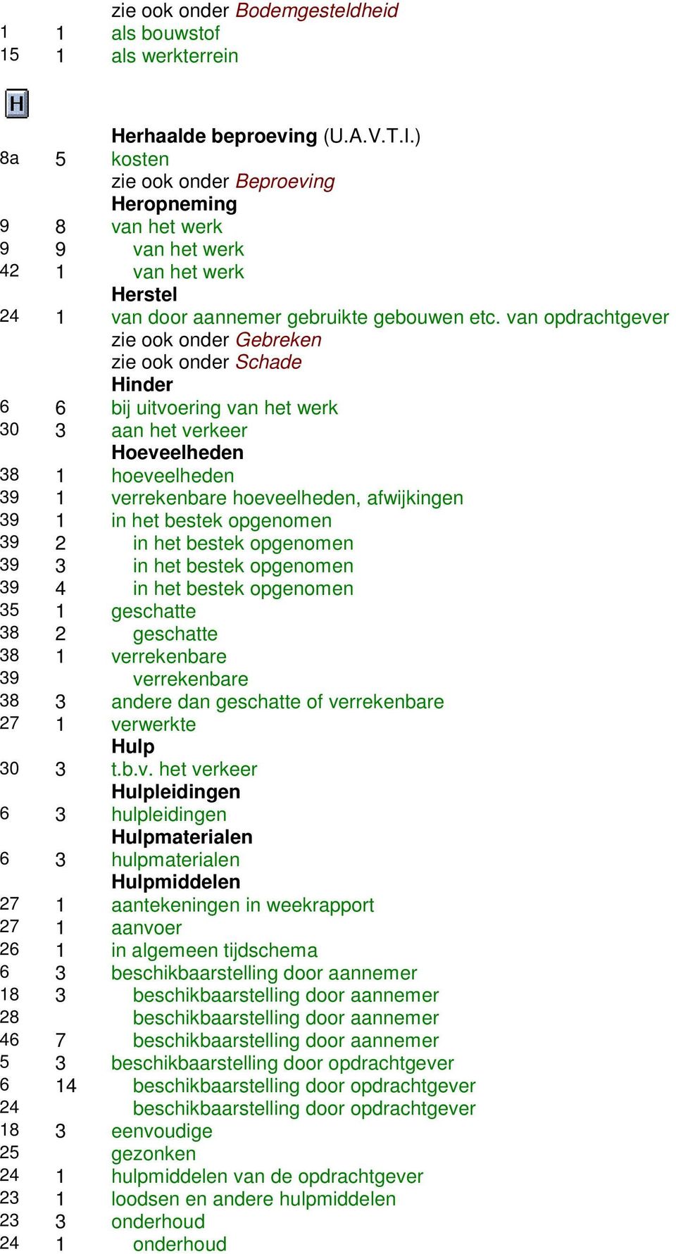 van opdrachtgever zie ook onder Gebreken zie ook onder Schade Hinder 6 6 bij uitvoering van het werk 30 3 aan het verkeer Hoeveelheden 38 1 hoeveelheden 39 1 verrekenbare hoeveelheden, afwijkingen 39