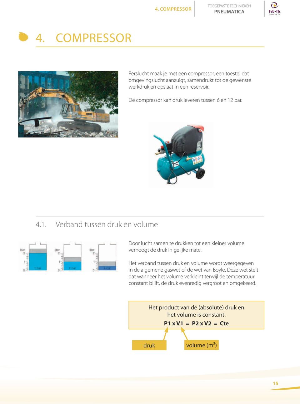 De compressor kan druk leveren tussen 6 en 12 bar. 4.1. Verband tussen druk en volume Door lucht samen te drukken tot een kleiner volume verhoogt de druk in gelijke mate.