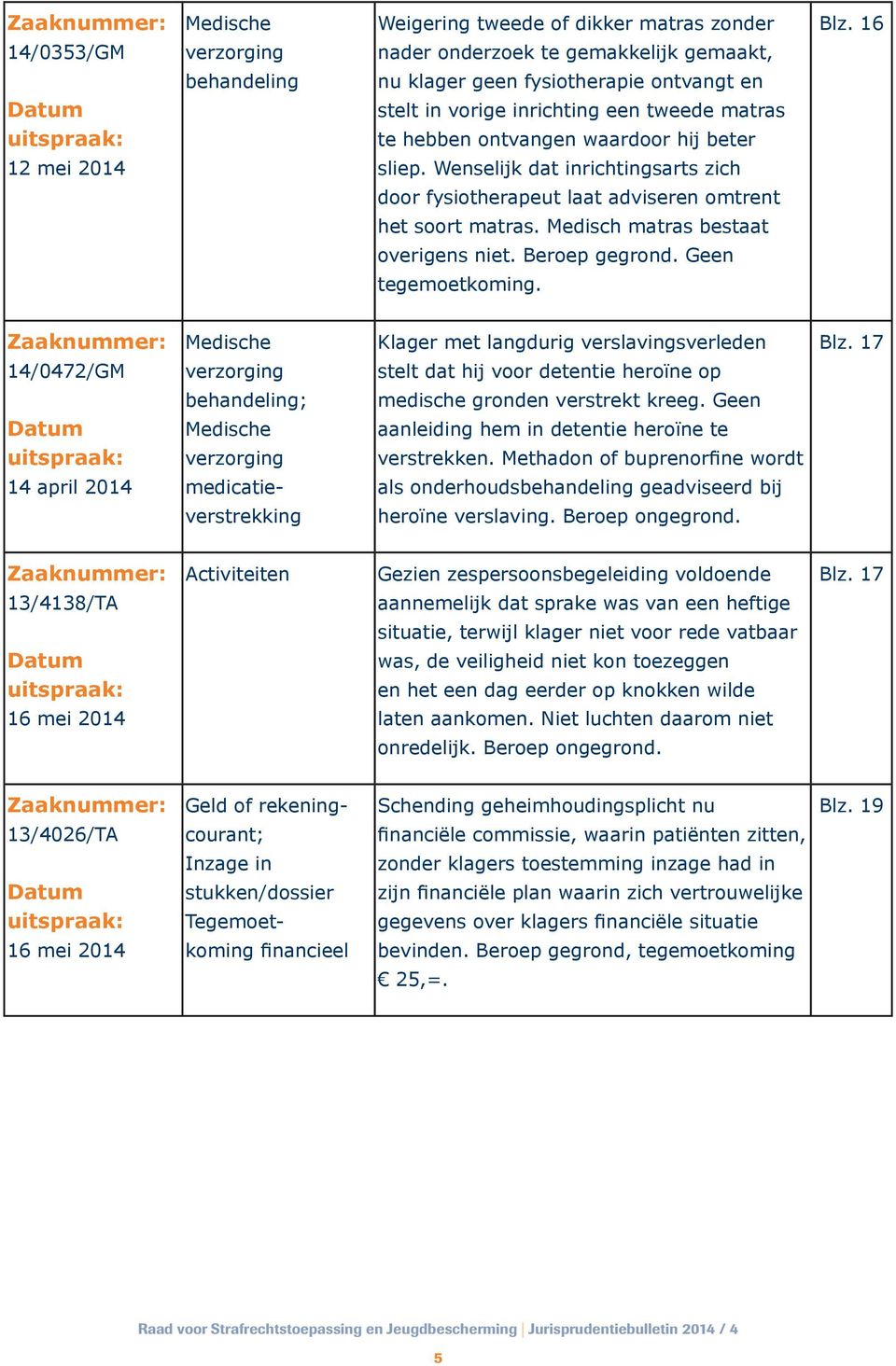 beter 12 mei 2014 sliep. Wenselijk dat inrichtingsarts zich door fysiotherapeut laat adviseren omtrent het soort matras. Medisch matras bestaat overigens niet. Beroep gegrond. Geen tegemoetkoming.