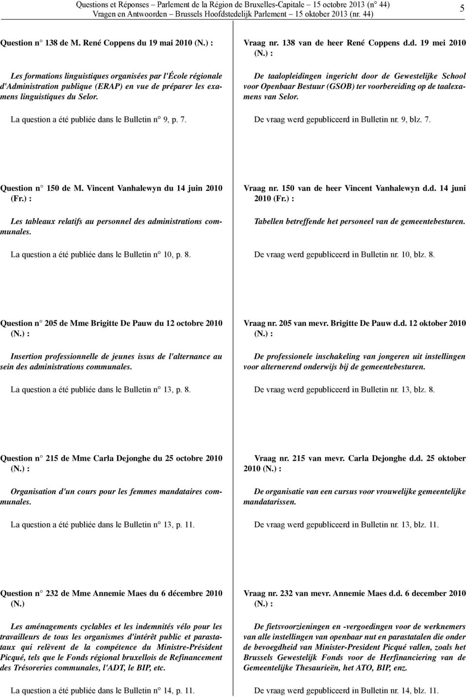La question a été publiée dans le Bulletin n 9, p. 7. Vraag nr. 138 van de heer René Coppens d.d. 19 mei 2010 (N.