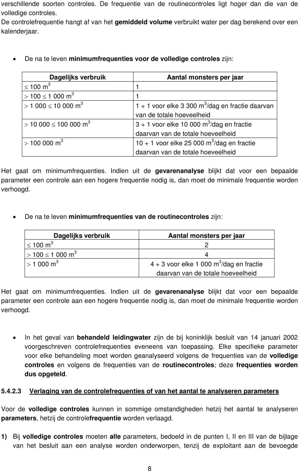 De na te leven minimumfrequenties voor de volledige controles zijn: Dagelijks verbruik Aantal monsters per jaar 100 m 3 1 100 1 000 m 3 1 1 000 10 000 m 3 1 + 1 voor elke 3 300 m 3 /dag en fractie