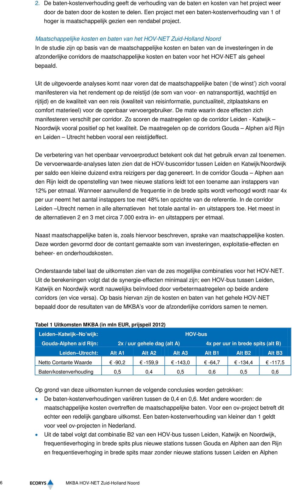 Maatschappelijke kosten en baten van het HOV-NET Zuid-Holland Noord In de studie zijn op basis van de maatschappelijke kosten en baten van de investeringen in de afzonderlijke corridors de