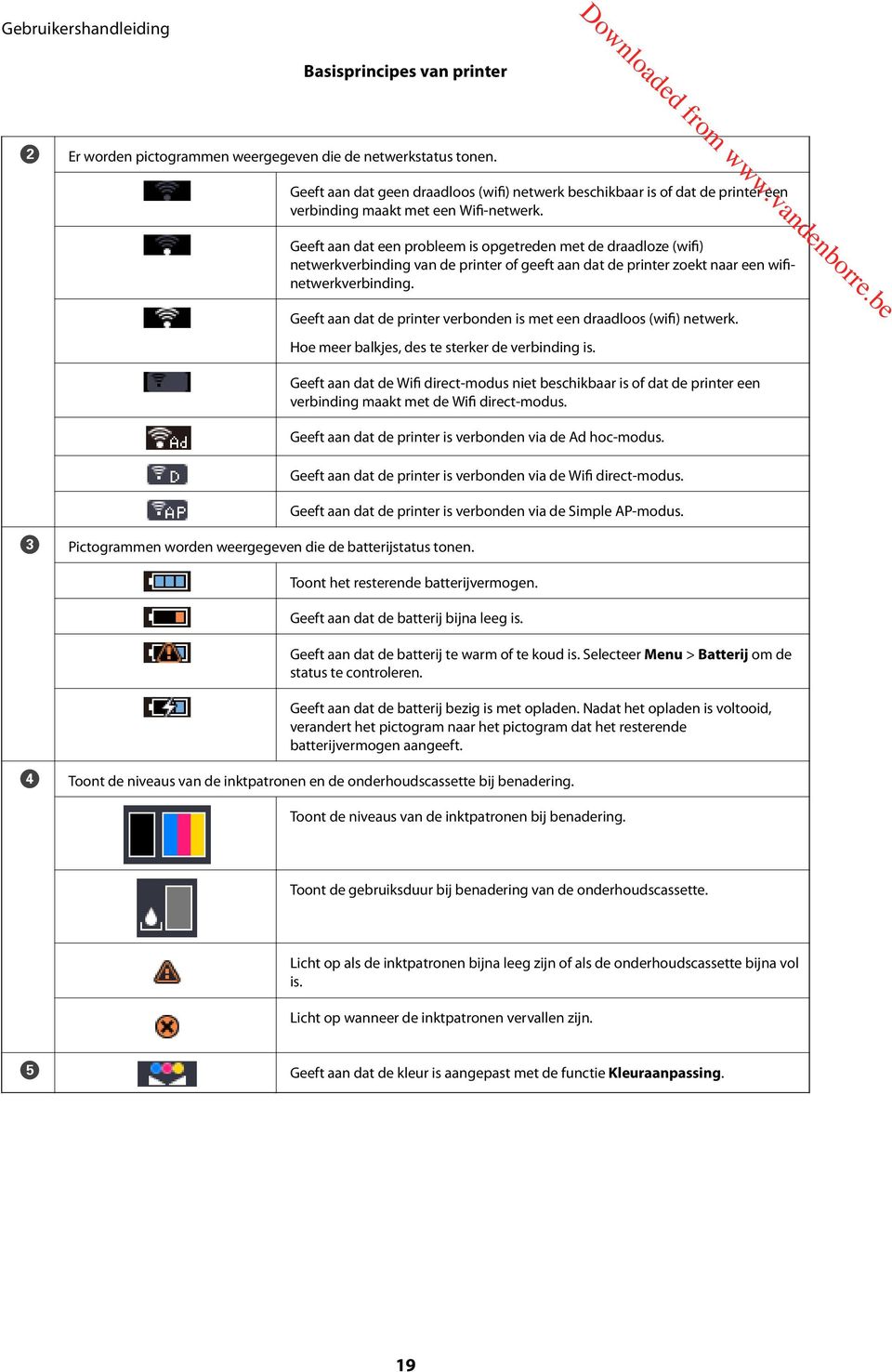 Geeft aan dat een probleem is opgetreden met de draadloze (wifi) netwerkverbinding van de printer of geeft aan dat de printer zoekt naar een wifinetwerkverbinding.