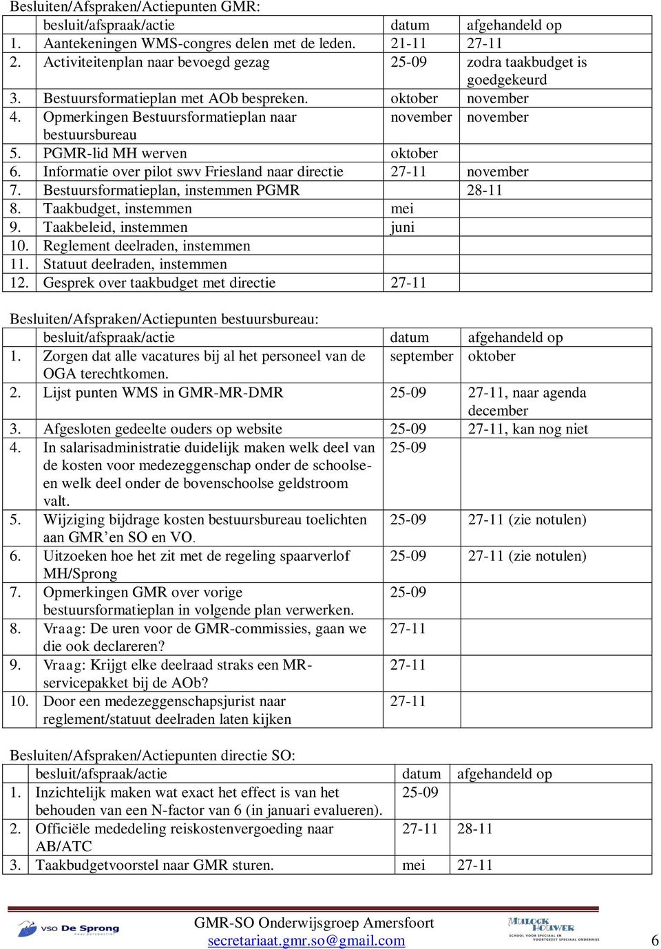 Opmerkingen Bestuursformatieplan naar november november bestuursbureau 5. PGMR-lid MH werven oktober 6. Informatie over pilot swv Friesland naar directie 27-11 november 7.