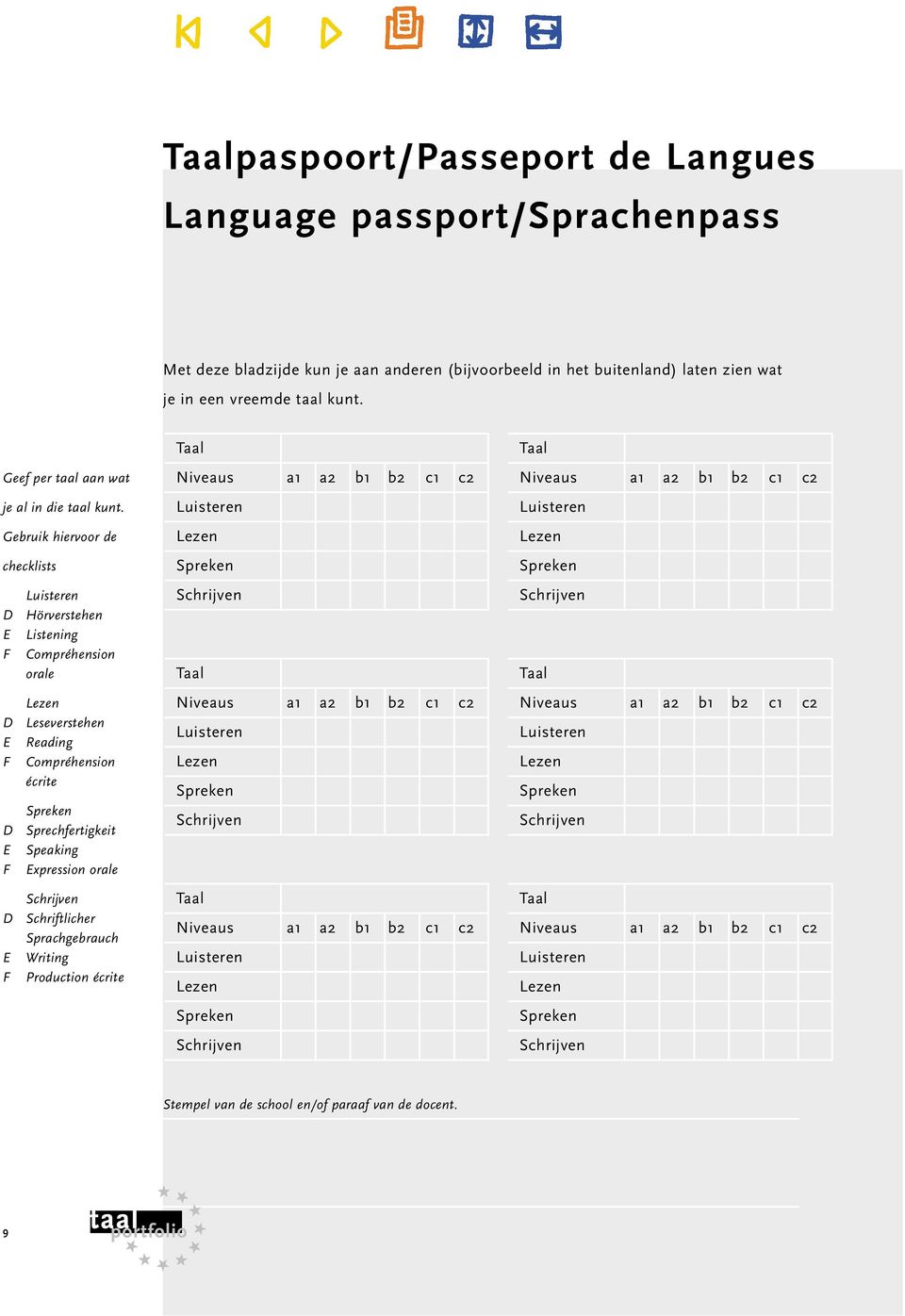 Gebruik hiervoor de checklists D Hörverstehen E Listening F Compréhension orale D E F Leseverstehen Reading Compréhension