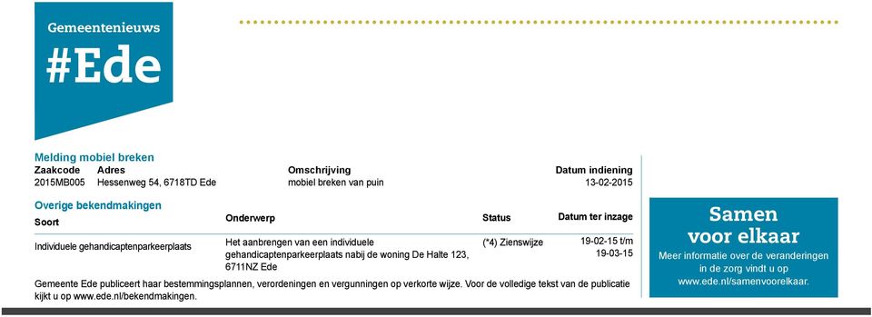 publiceert haar bestemmingsplannen, verordeningen en vergunningen op verkorte wijze. Voor de volledige tekst van de publicatie kijkt u op www.ede.nl/bekendmakingen.