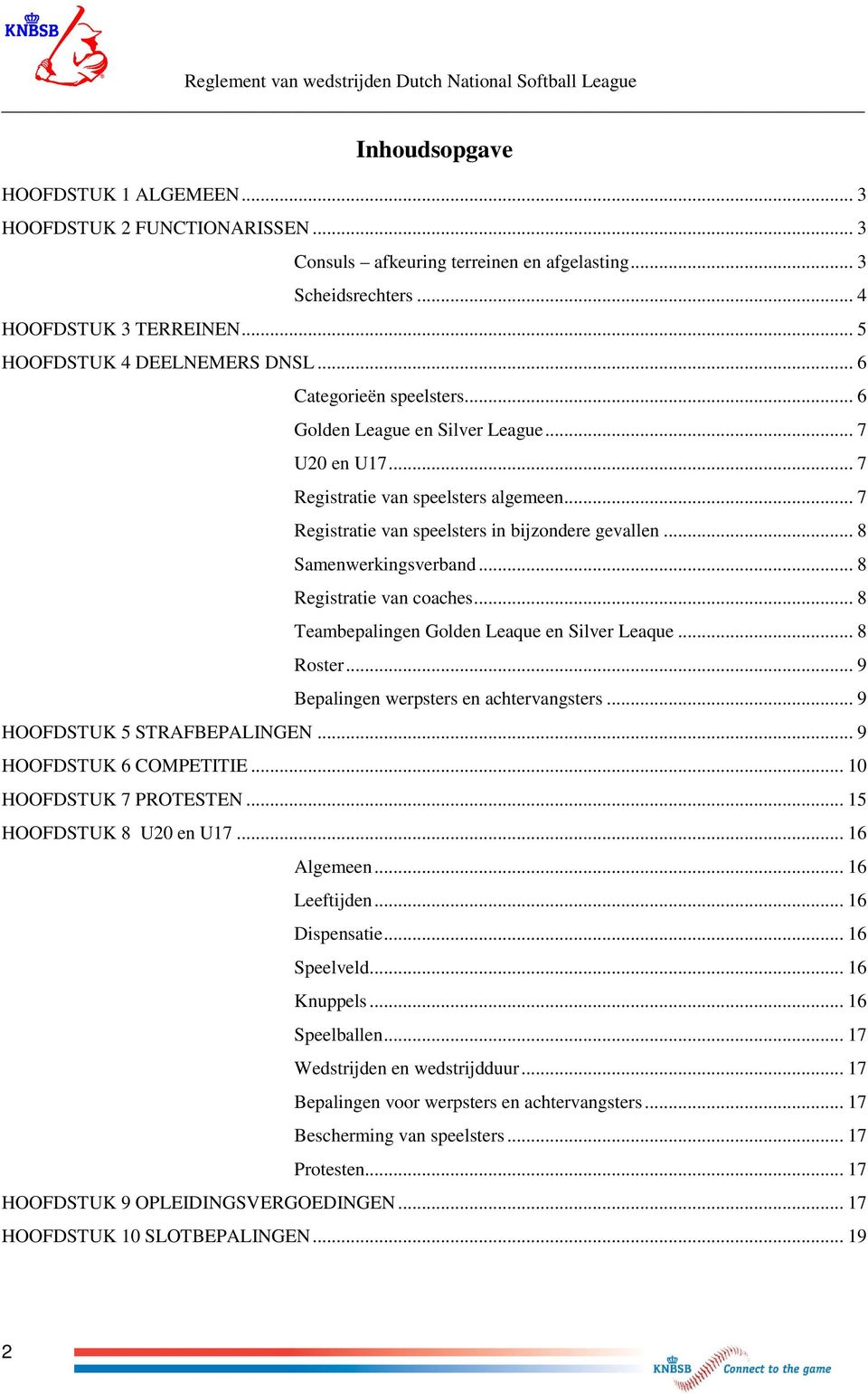 .. 8 Registratie van coaches... 8 Teambepalingen Golden Leaque en Silver Leaque... 8 Roster... 9 Bepalingen werpsters en achtervangsters... 9 HOOFDSTUK 5 STRAFBEPALINGEN... 9 HOOFDSTUK 6 COMPETITIE.