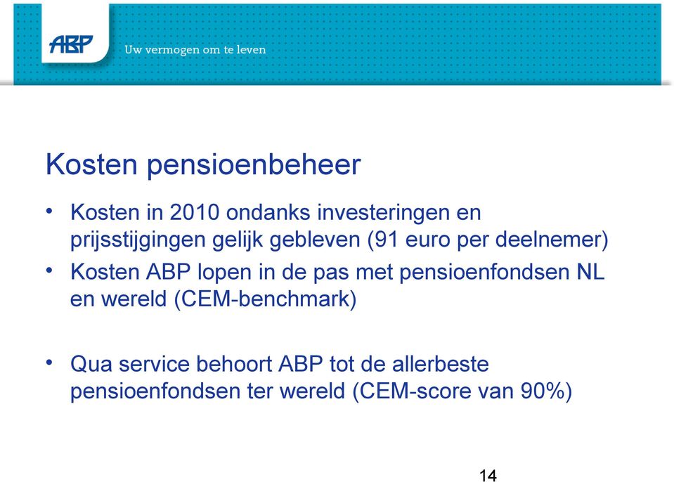 lopen in de pas met pensioenfondsen NL en wereld (CEM-benchmark) Qua