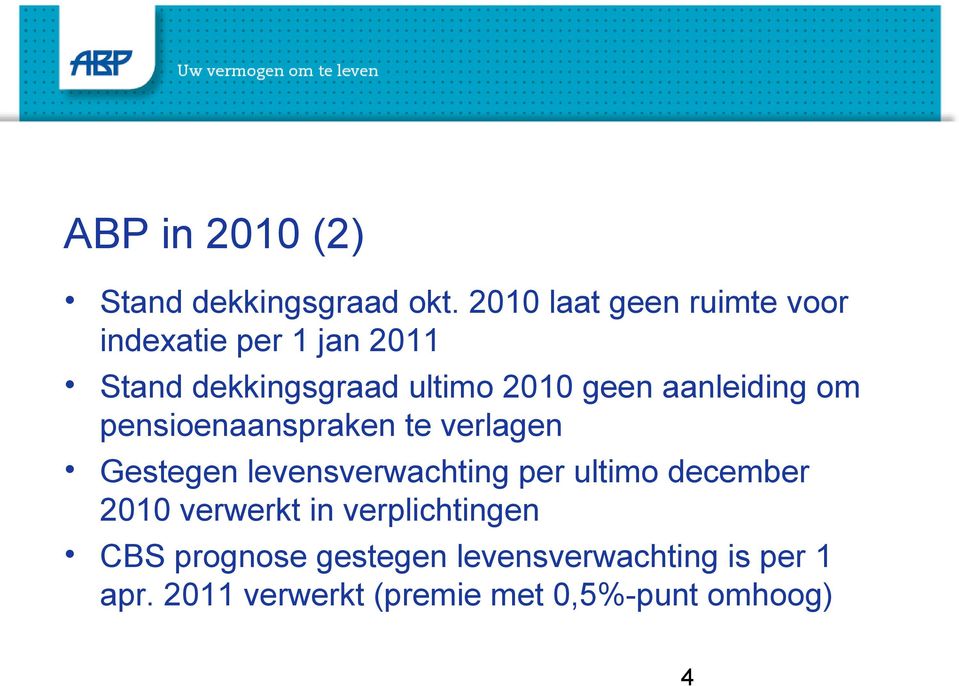 aanleiding om pensioenaanspraken te verlagen Gestegen levensverwachting per ultimo