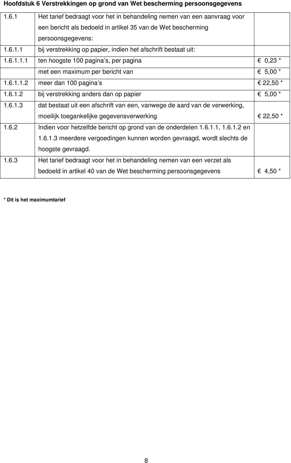 6.1.2 bij verstrekking anders dan op papier 5,00 * 1.6.1.3 dat bestaat uit een afschrift van een, vanwege de aard van de verwerking, moeilijk toegankelijke gegevensverwerking 22,50 * 1.6.2 Indien voor hetzelfde bericht op grond van de onderdelen 1.