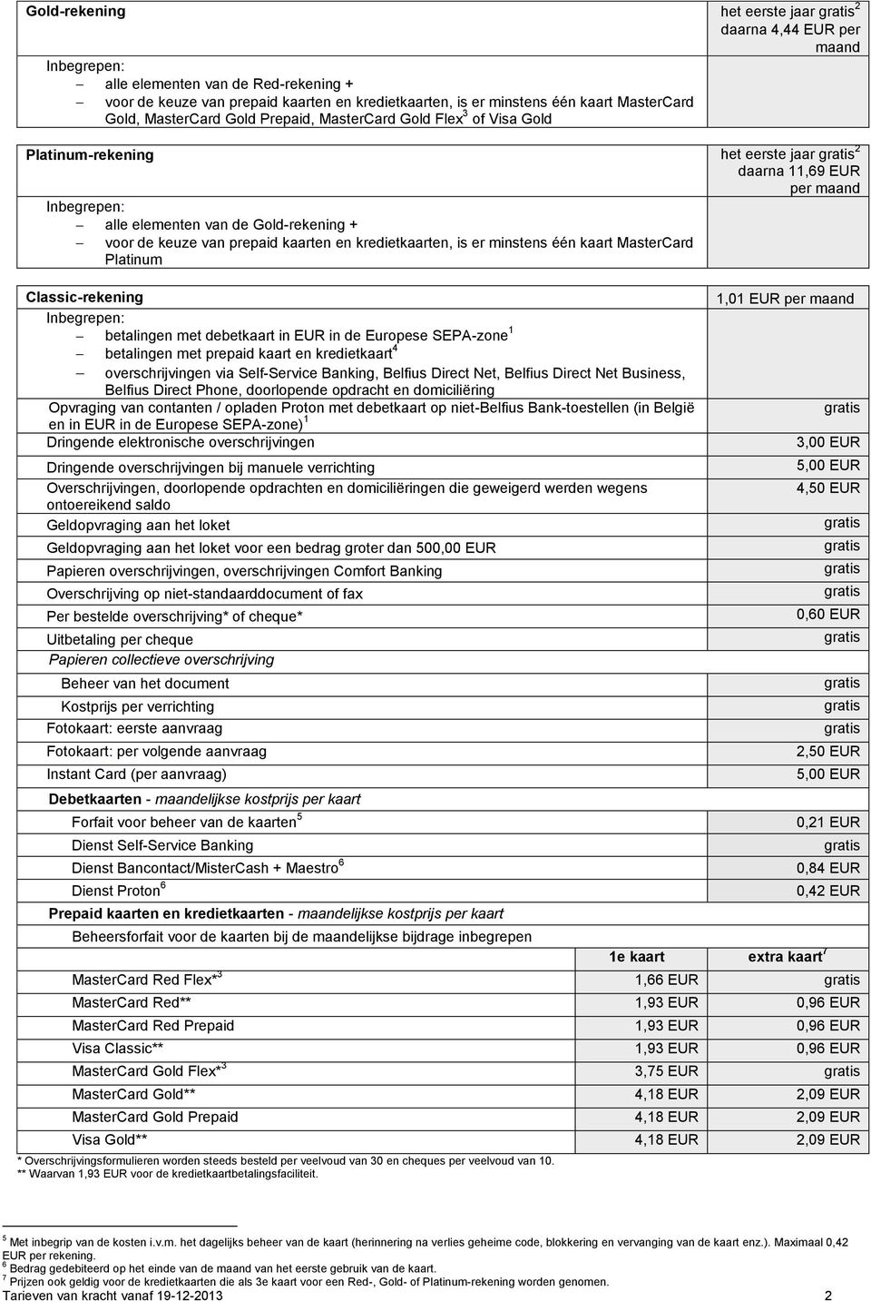 kaart MasterCard Platinum Classic-rekening betalingen met debetkaart in EUR in de Europese SEPA-zone 1 betalingen met prepaid kaart en kredietkaart 4 overschrijvingen via Self-Service Banking,