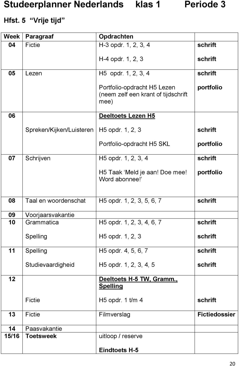 1, 2, 3 Portfolio-opdracht H5 SKL schrift portfolio 07 Schrijven H5 opdr. 1, 2, 3, 4 H5 Taak Meld je aan! Doe mee! Word abonnee! schrift portfolio 08 Taal en woordenschat H5 opdr.