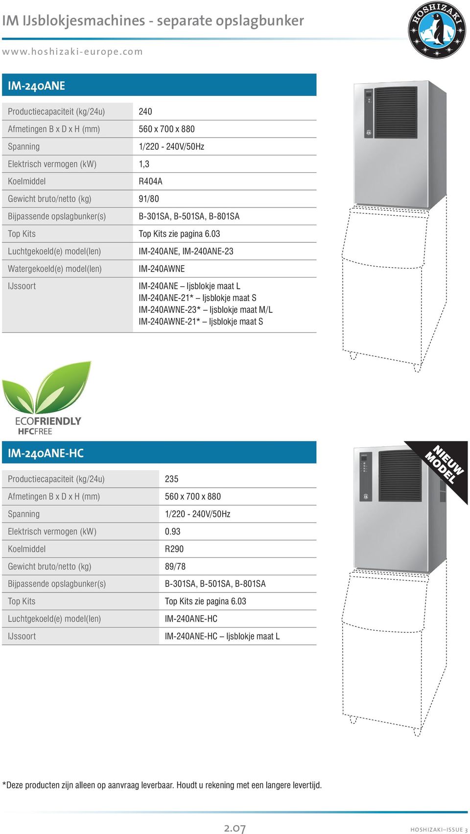 03 Watergekoeld(e) model(len) IM-240ANE, IM-240ANE-23 IM-240AWNE IM-240ANE Ijsblokje maat L IM-240ANE-21* Ijsblokje maat S IM-240AWNE-23* Ijsblokje maat M/L IM-240AWNE-21* Ijsblokje