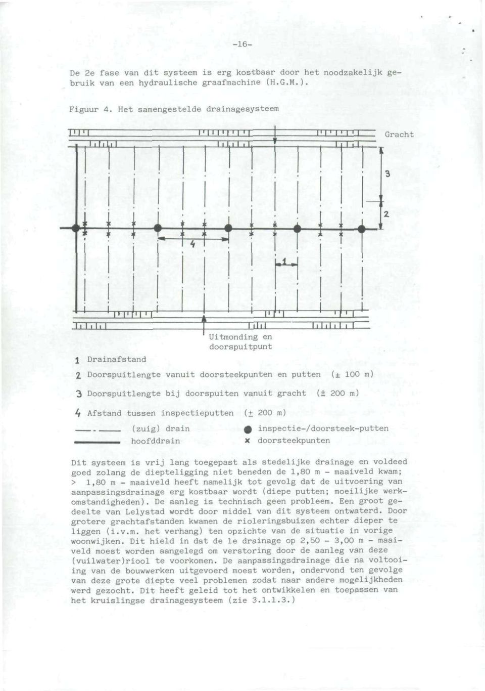 i j ( 3rran; IM'I'I I J Drainafstand i i.i.iiii i: Uitmonding en doorspuitpunt i 2 Doorspuitlengte vanuit doorsteekpunten en putten (± 100 m) 3 Doorspuitlengte bij doorspuiten vanuit gracht (± 200 m)