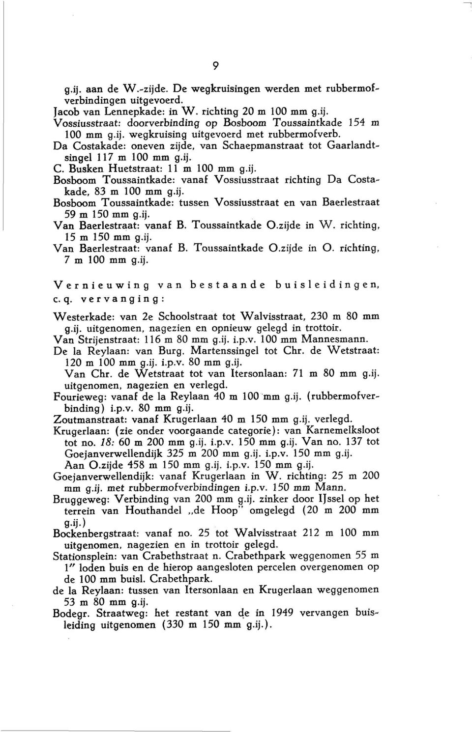 ij. Bosboom Toussaintkade: tussen Vossiusstraat en van Baerlestraat 59 m 150 mm gij. Van Baerlestraat: vanaf B. Toussaintkade O.zijde in W. richting, 15 m 150 mm g.ij. Van Baerlestraat: vanaf B. Toussaintkade O.zijde in O.