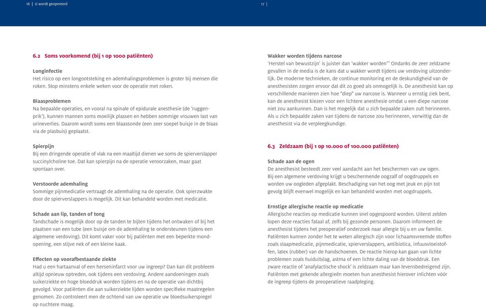 Blaasproblemen Na bepaalde operaties, en vooral na spinale of epidurale anesthesie (de ruggenprik ), kunnen mannen soms moeilijk plassen en hebben sommige vrouwen last van urineverlies.