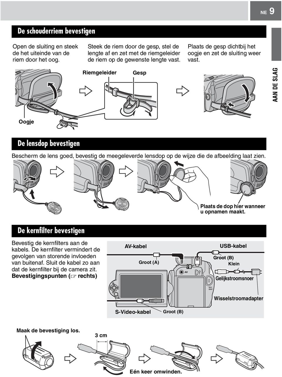 Riemgeleider Gesp AAN DE SLAG Oogje De lensdop bevestigen Bescherm de lens goed, bevestig de meegeleverde lensdop op de wijze die de afbeelding laat zien. Plaats de dop hier wanneer u opnamen maakt.