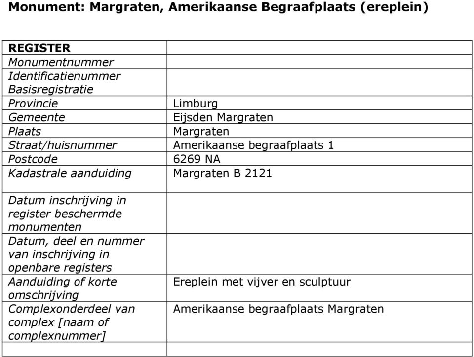Margraten B 2121 Datum inschrijving in register beschermde monumenten Datum, deel en nummer van inschrijving in openbare registers