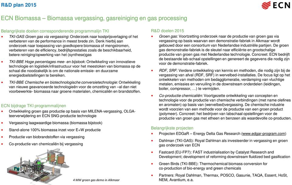 (synthese)gas TKI-BBE Hoge percentages mee- en bijstook: Ontwikkeling van innovatieve technologie en logistiek/infrastructuur voor het meestoken van biomassa op de schaal die noodzakelijk is om de