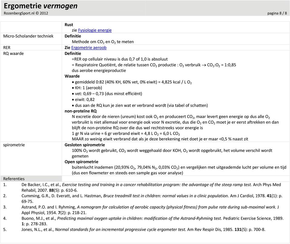 Respiratoire Quotiënt, de relatie tussen CO 2 productie : O 2 verbruik CO 2 :O 2 = 1:0,85 dus aerobe energieproductie Waarde gemiddeld 0:82 (40% KH, 60% vet, 0% eiwit) = 4,825 kcal / L O 2 KH: 1