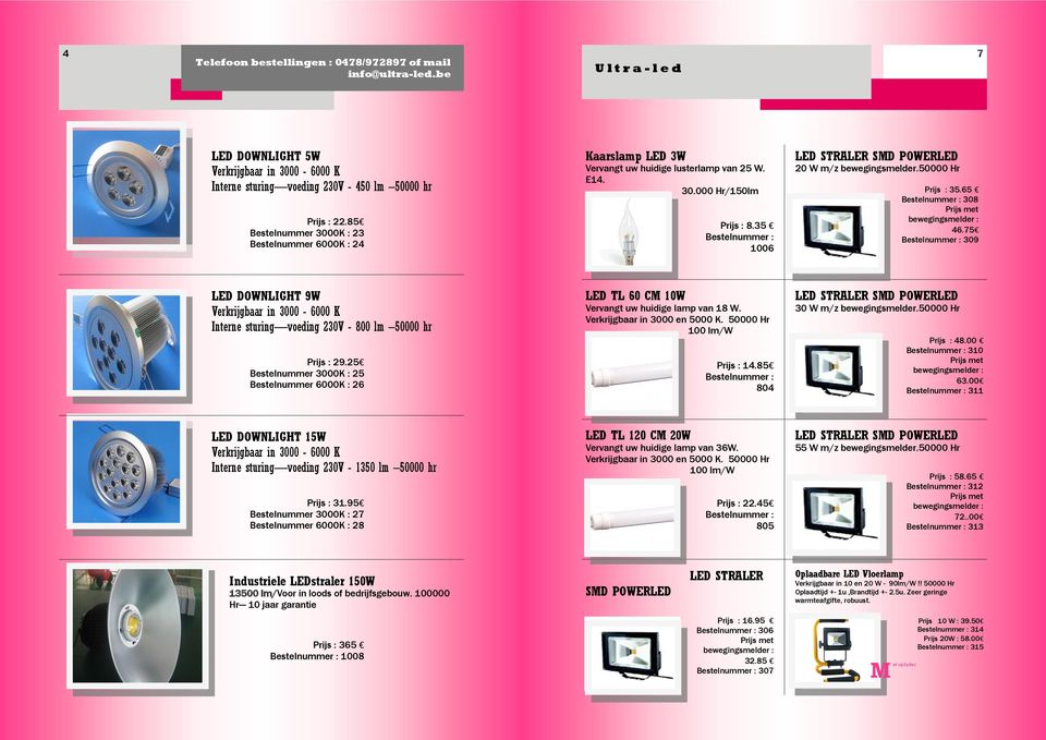 25 Bestelnummer 3000K : 25 Bestelnummer 6000K : 26 LED TL 60 CM 10W Vervangt uw huidige lamp van 18 W. Verkrijgbaar in 3000 en 5000 K. 50000 Hr 100 lm/w Prijs : 14.85 804 30 W m/z bewegingsmelder.