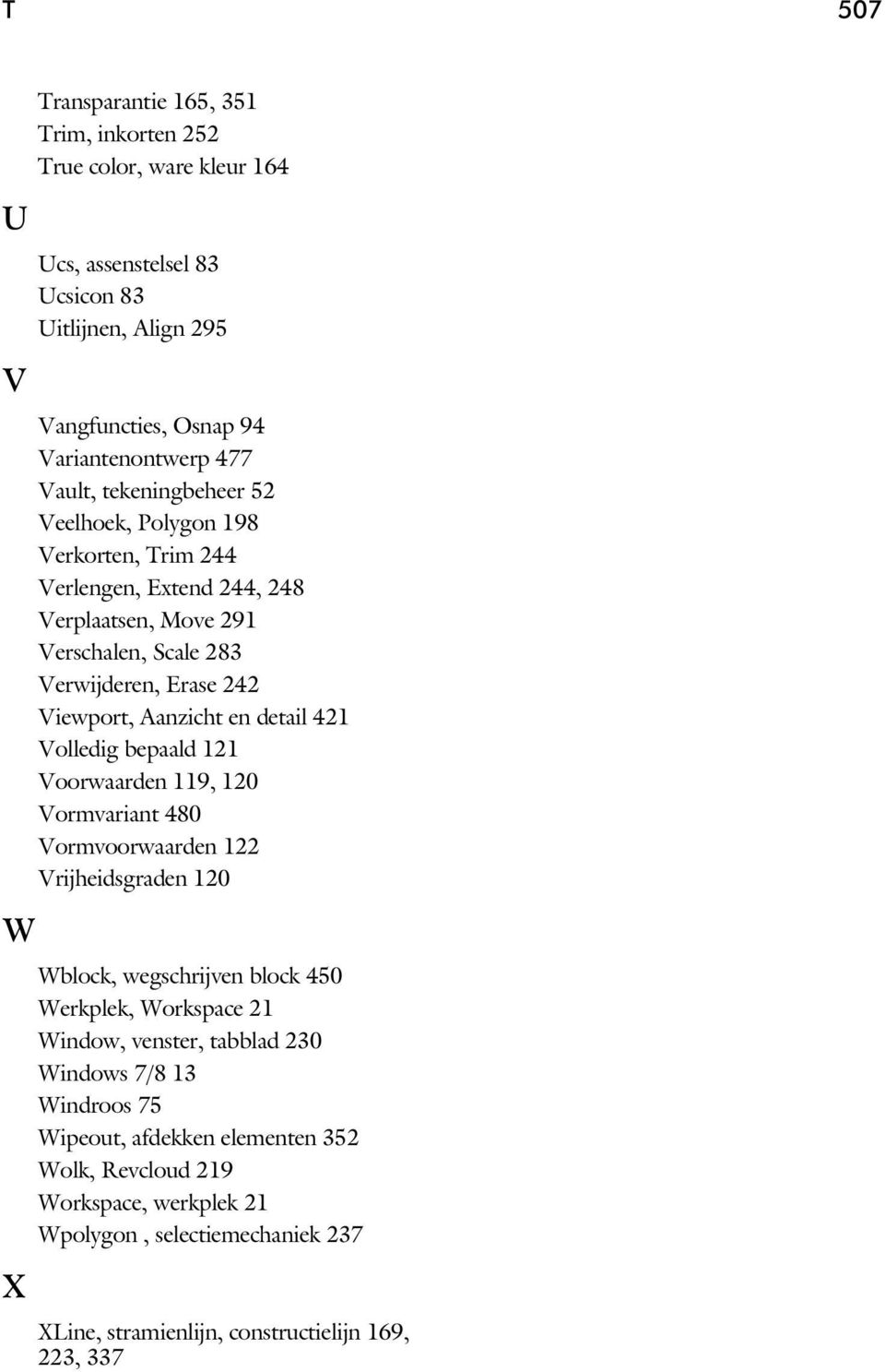 detail 421 Volledig bepaald 121 Voorwaarden 119, 120 Vormvariant 480 Vormvoorwaarden 122 Vrijheidsgraden 120 Wblock, wegschrijven block 450 Werkplek, Workspace 21 Window, venster,