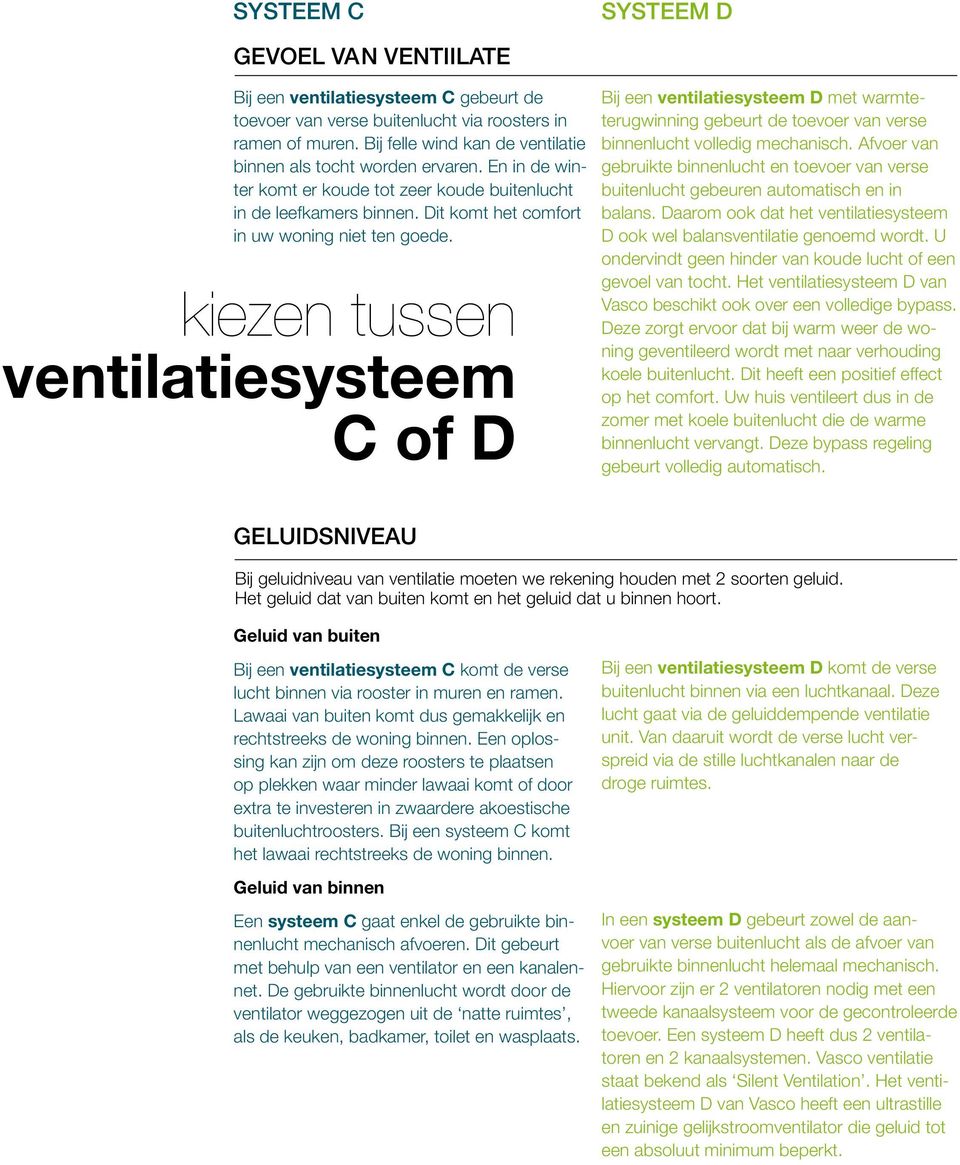 kiezen tussen ventilatiesysteem C of D Bij een ventilatiesysteem D met warmteterugwinning gebeurt de toevoer van verse binnenlucht volledig mechanisch.