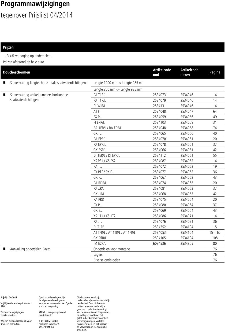 artikelnummers horizontale PA T1R/L 2534073 2534046 14 spatwaterdichtingen: PX T1R/L 2534079 2534046 14 DI WIR/L 2534131 2534046 14 AT F.. 2534048 2534047 64 FX P.