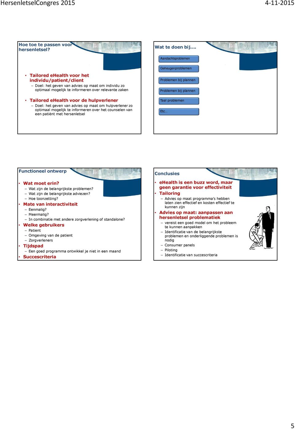 ehealth voor de hulpverlener Doel: het geven van advies op maat om hulpverlener zo optimaal mogelijk te informeren over het counselen van een patiënt met hersenletsel Problemen bij plannen Problemen