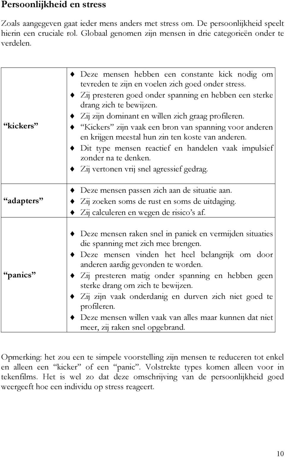 Zij zijn dominant en willen zich graag profileren. Kickers zijn vaak een bron van spanning voor anderen en krijgen meestal hun zin ten koste van anderen.