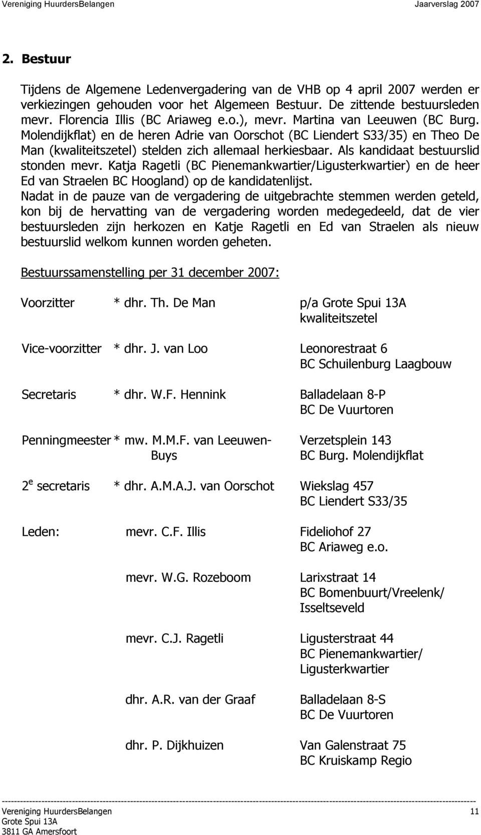 Als kandidaat bestuurslid stonden mevr. Katja Ragetli (BC Pienemankwartier/Ligusterkwartier) en de heer Ed van Straelen BC Hoogland) op de kandidatenlijst.