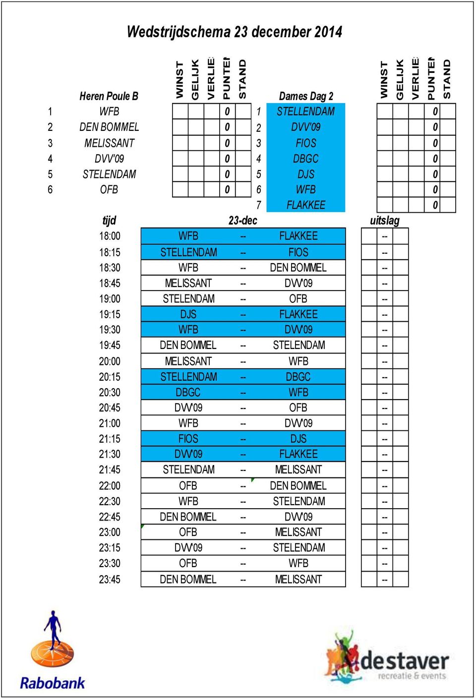 FLAKKEE 19:3 WFB DVV'9 19:45 DEN BOMMEL STELENDAM 2: MELISSANT WFB 2:15 STELLENDAM DBGC 2:3 DBGC WFB 2:45 DVV'9 OFB 21: WFB DVV'9 21:15 FIOS DJS 21:3 DVV'9