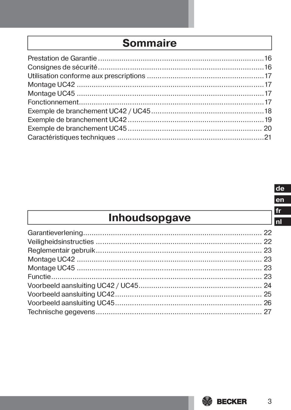 ..21 Inhoudsopgave Garantieverlening... 22 Veiligheidsinstructies... 22 Reglementair gebruik... 23 Montage UC42... 23 Montage... 23 Functie.