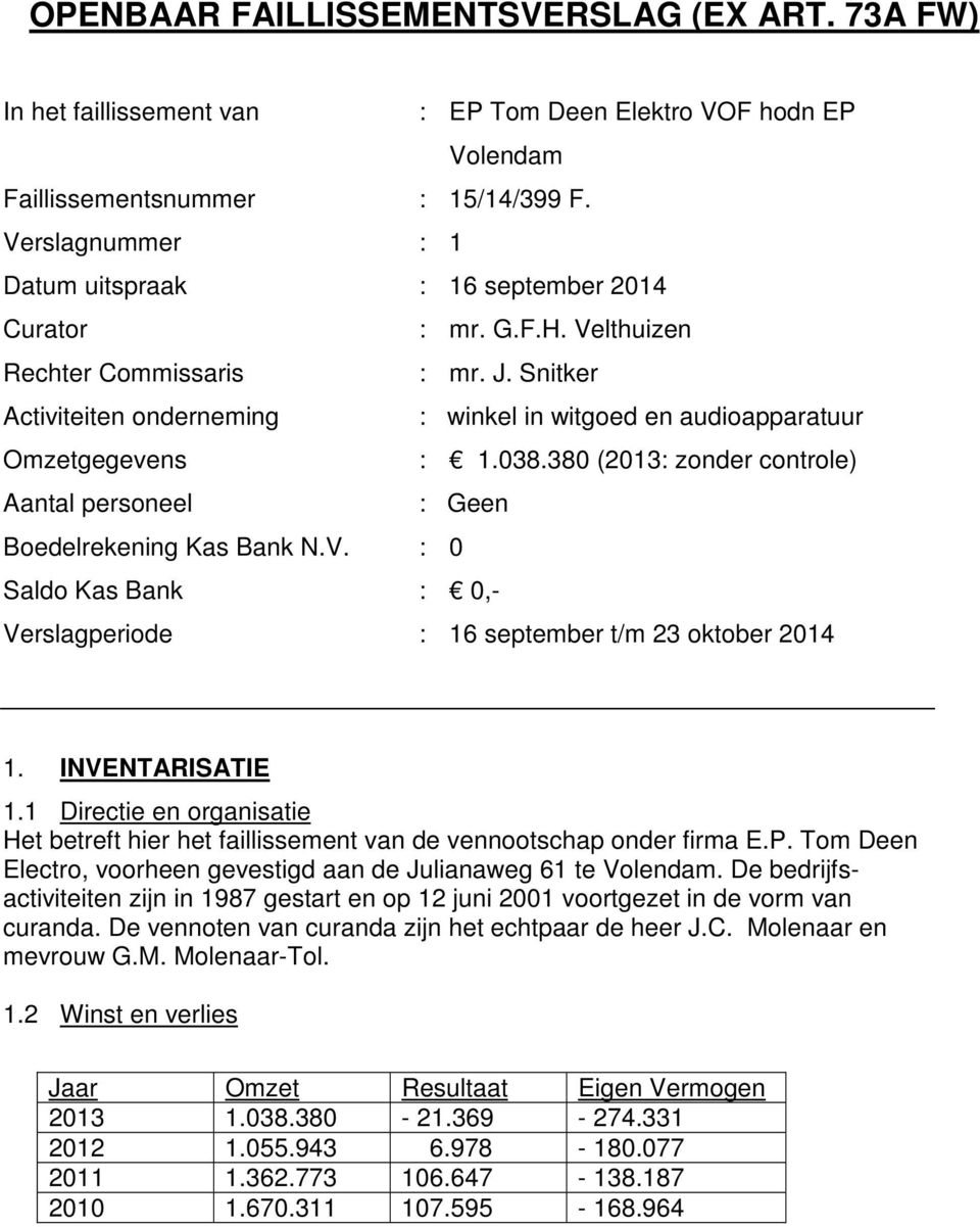 Velthuizen Rechter Commissaris : mr. J. Snitker Activiteiten onderneming : winkel in witgoed en audioapparatuur Omzetgegevens : 1.038.