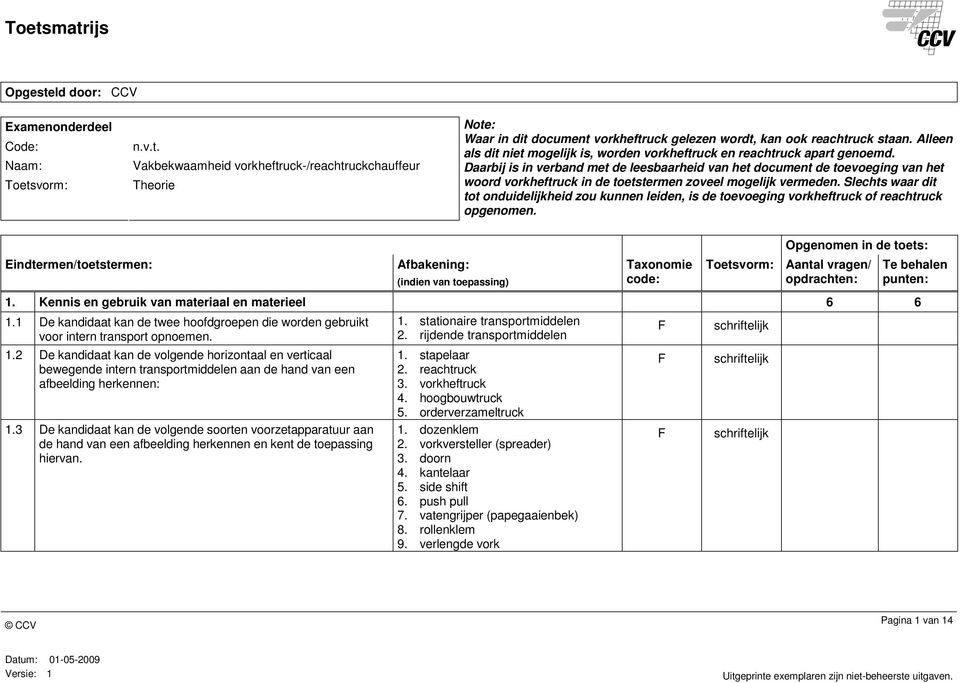 Daarbij is in verband met de leesbaarheid van het document de toevoeging van het woord vorkheftruck in de toetstermen zoveel mogelijk vermeden.